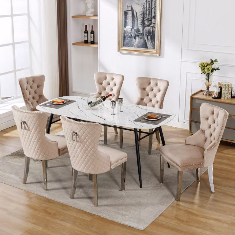 Set di 6 sedie da pranzo Flieks, sedie da cucina imbottite con gambe in acciaio inox, sedia da pranzo con rivestimento in velluto, beige