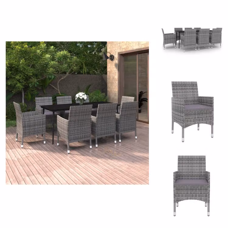 vidaXL Set da pranzo da giardino 9 pezzi con cuscini in poly rattan e vetro - Set di mobili da giardino