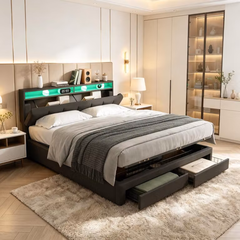 Letto imbottito matrimoniale INONEFT, 180x200 cm, con illuminazione LED, letto box con sistema di sollevamento idraulico e rete a doghe, letto contenitore in legno massello, colore grigio