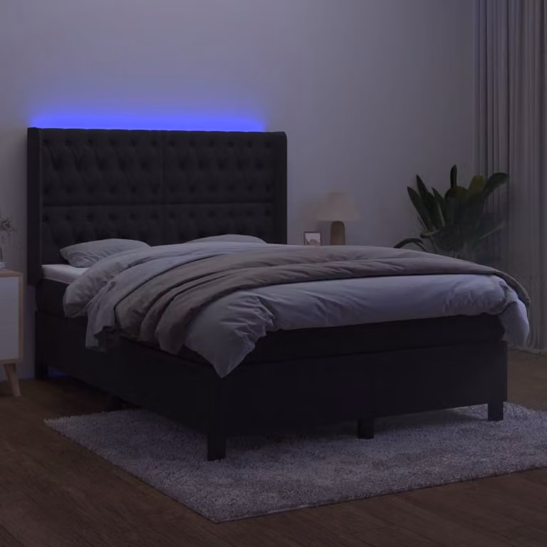 The Living Store Letto a molle con materasso e LED nero 140x200 cm in velluto