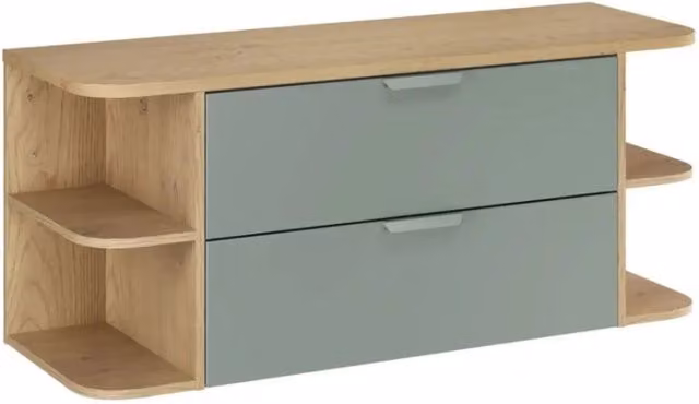 Insieme OSTER 120cm : mobili sotto lavabo con cassetti verde salvia e nicchie visibili arrotondate + piano per lavabo in aspetto rovere chiaro