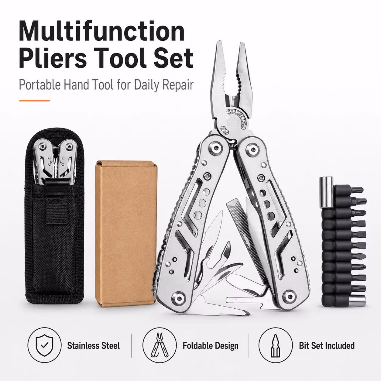 Pinza multifunzione - Set di utensili - Acciaio inossidabile - Pieghevole - Set di punte per cacciavite - Adatta per campeggio e manutenzione della bicicletta - Adatta sia per destrorsi che per mancini