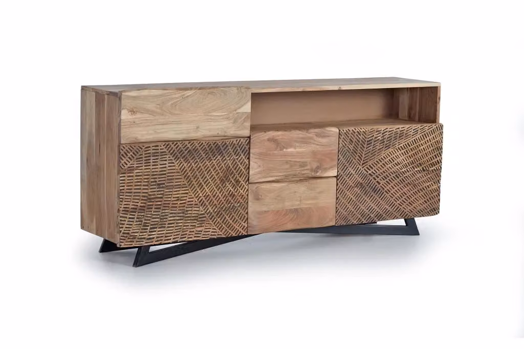 Credenza etnica in legno di mango e acacia con dettagli in metallo nero, finitura opaca, colore marrone e nero – 2