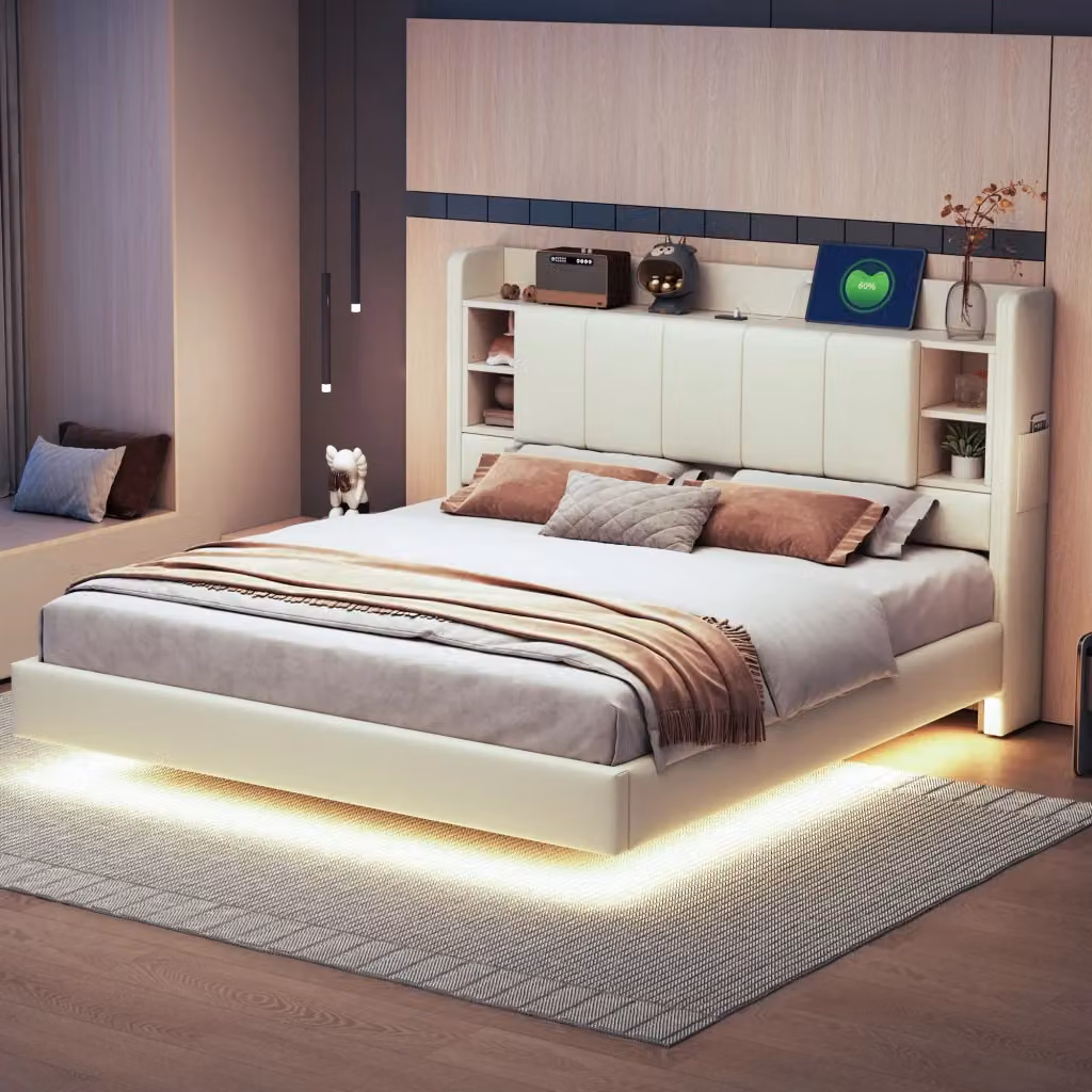 Letto matrimoniale imbottito Chicfurn beige con testiera con ripiani, luci LED, porte USB e vano contenitore, L/P: 160 x 200 cm – 2
