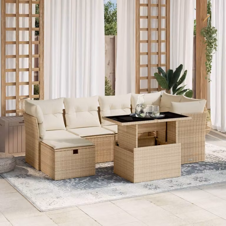 vidaXL Set Divani da Giardino 7 pz a L con Cuscini Beige e Tavolino, Polyrattan e Struttura in Acciaio Verniciato a Polvere