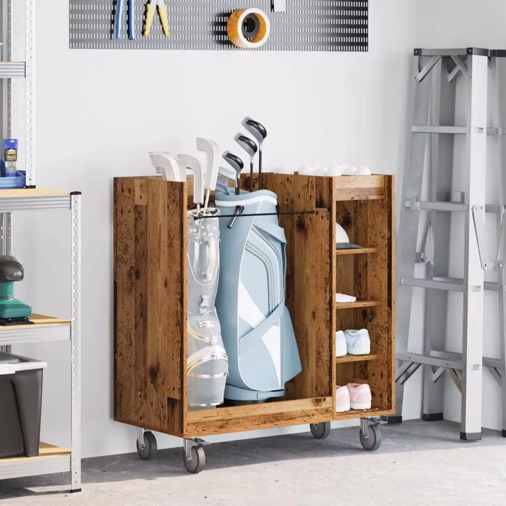 Armadio per Golf con Ruote in Legno Vecchio e Metallo Marrone, Design Moderno con Ripiani Interni e Ante a Battente, L 90 cm x P 45 cm x H 98 cm – 2