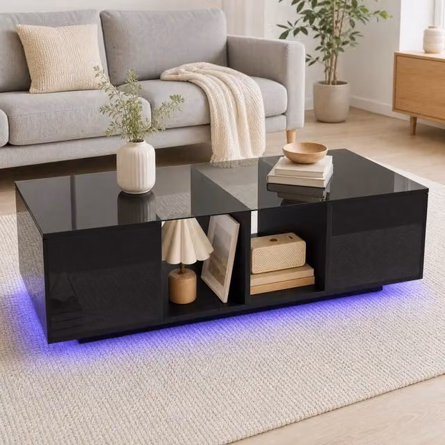 Tavolino da caffè moderno MODFU nero e trasparente con piano in vetro e vani laterali L/P/H: 120 x 50 x 38,5 cm – 1