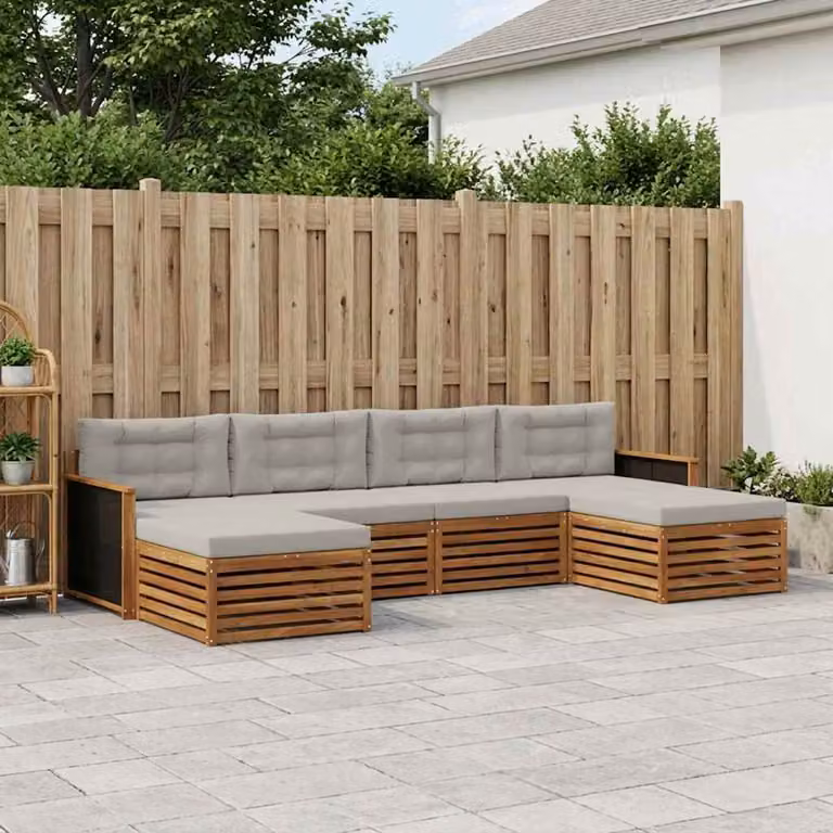Set di divani da esterno a L vidaXL in legno di acacia con cuscini, 6 pezzi, Beige e Grigio