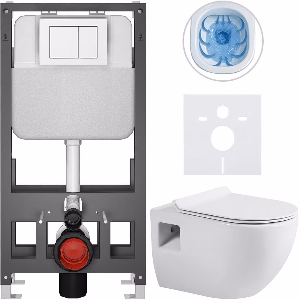 Set completo per WC a pavimento Dure - bianco lucido - pulsante Prime/Maxio, bianco - modello autoportante - installazione a parete/con pannelli di cartongesso - 51x35 cm