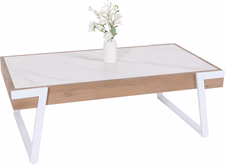 Tavolino HWC-L89, tavolo da salotto, ferro 43x120x64cm pietra sinterizzata aspetto marmo bianco legno naturale