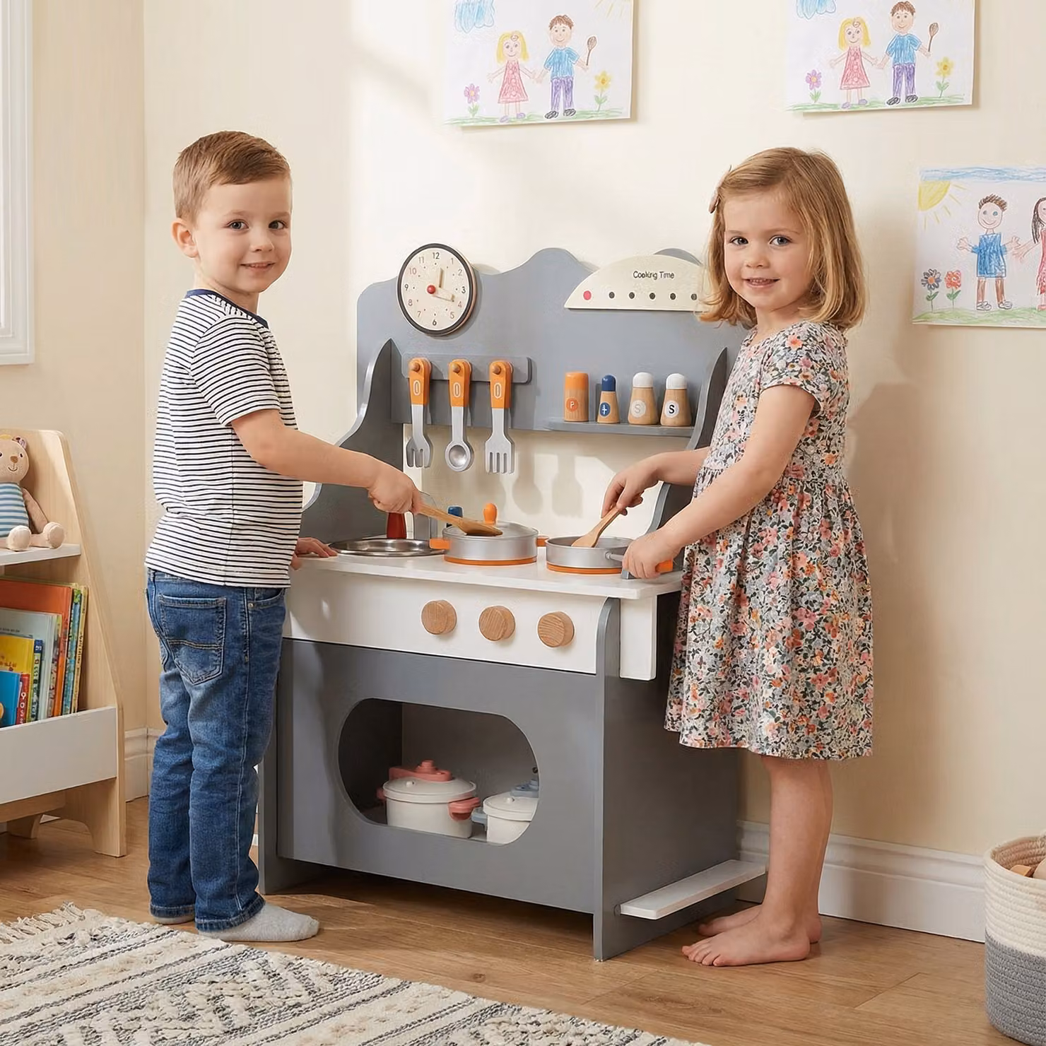 Cucina giocattolo in legno Costway con accessori per bambini, colore grigio
