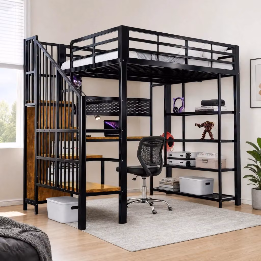 Letto a soppalco Mivray nero con scrivania, scala con vani, illuminazione LED, porta USB e scaffale in metallo, dimensioni 140 x 200 cm – 2