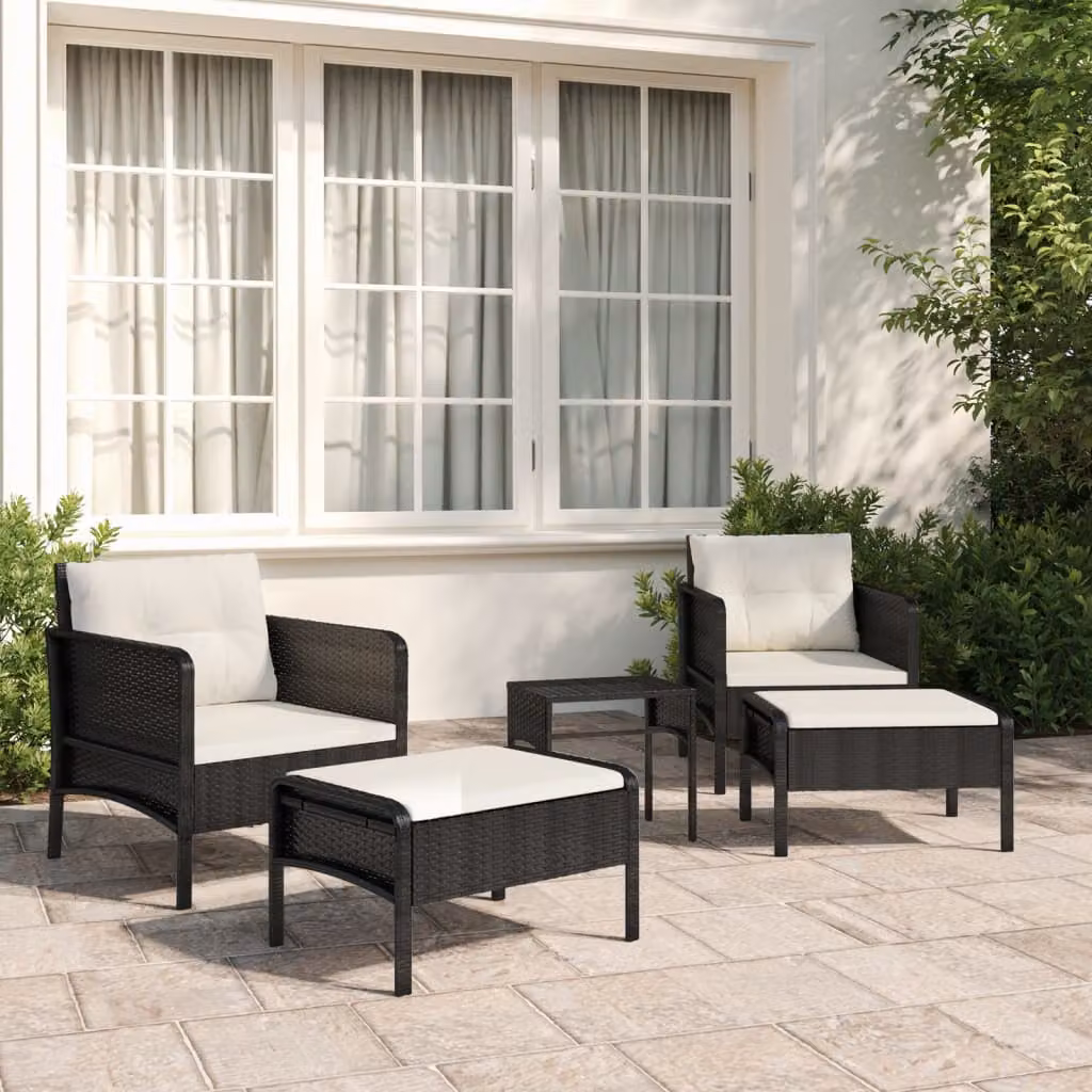 Set di divani da giardino vidaXL 5 pezzi in polyrattan nero con cuscini e struttura in metallo