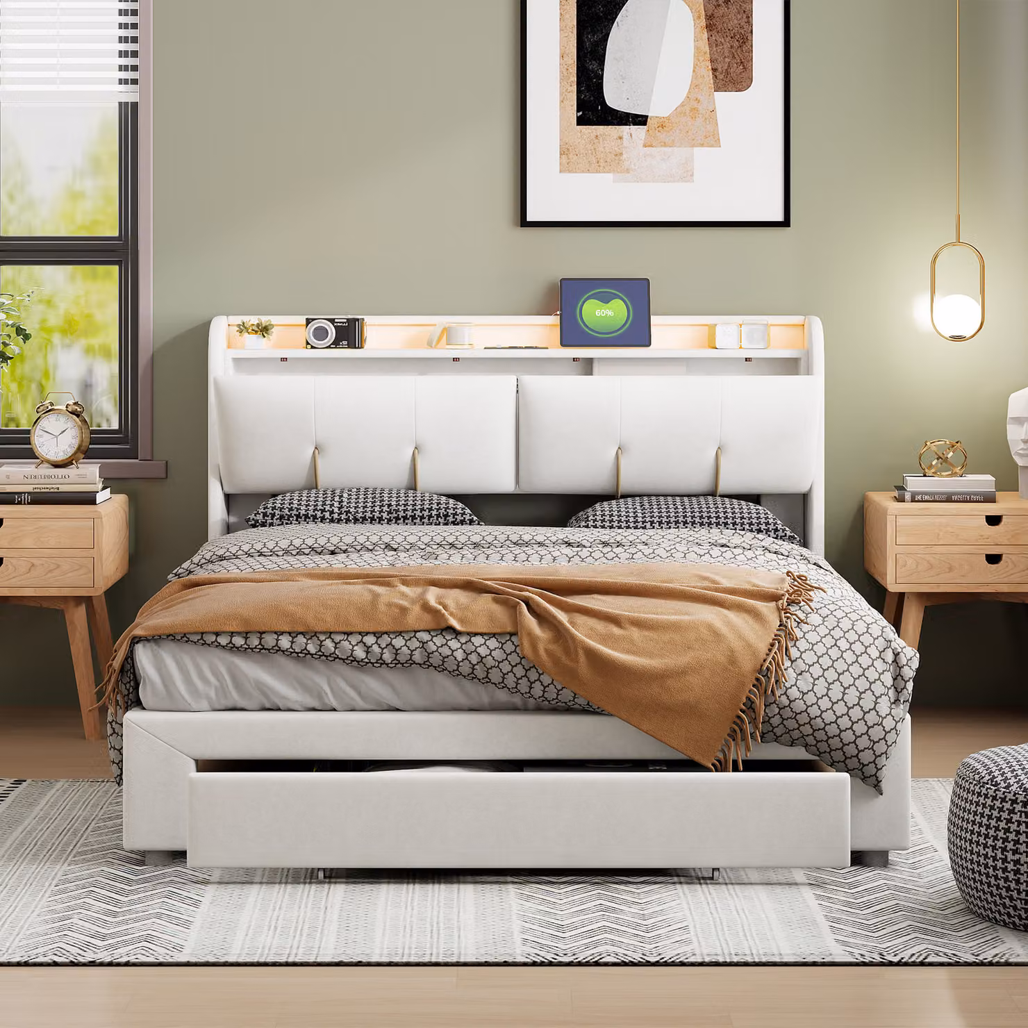 letto da 160 x 200 cm con contenitore, illuminazione a LED e connessione di ricarica USB, cassetti, velluto, bianco panna