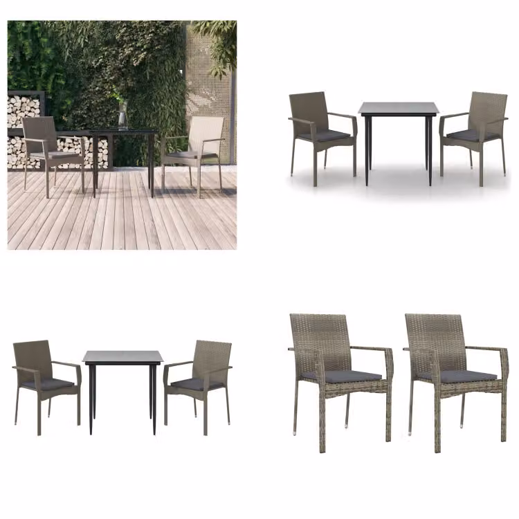 vidaXL Set da pranzo da giardino 3 pezzi con cuscini in poly rattan nero e grigio - Set da pranzo da giardino - Set da pranzo da giardino - Set da pranzo da terrazza