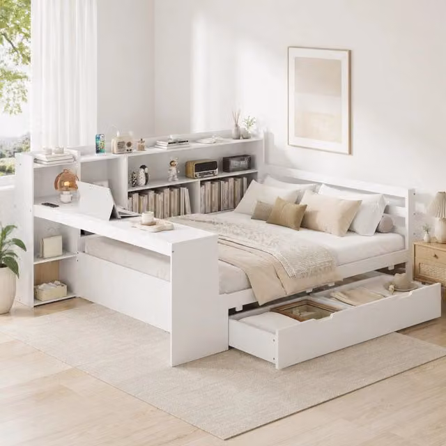 Letto multifunzionale Mivray in legno bianco con scrivania, libreria, cassetti e porte USB, dimensioni 140 x 200 cm