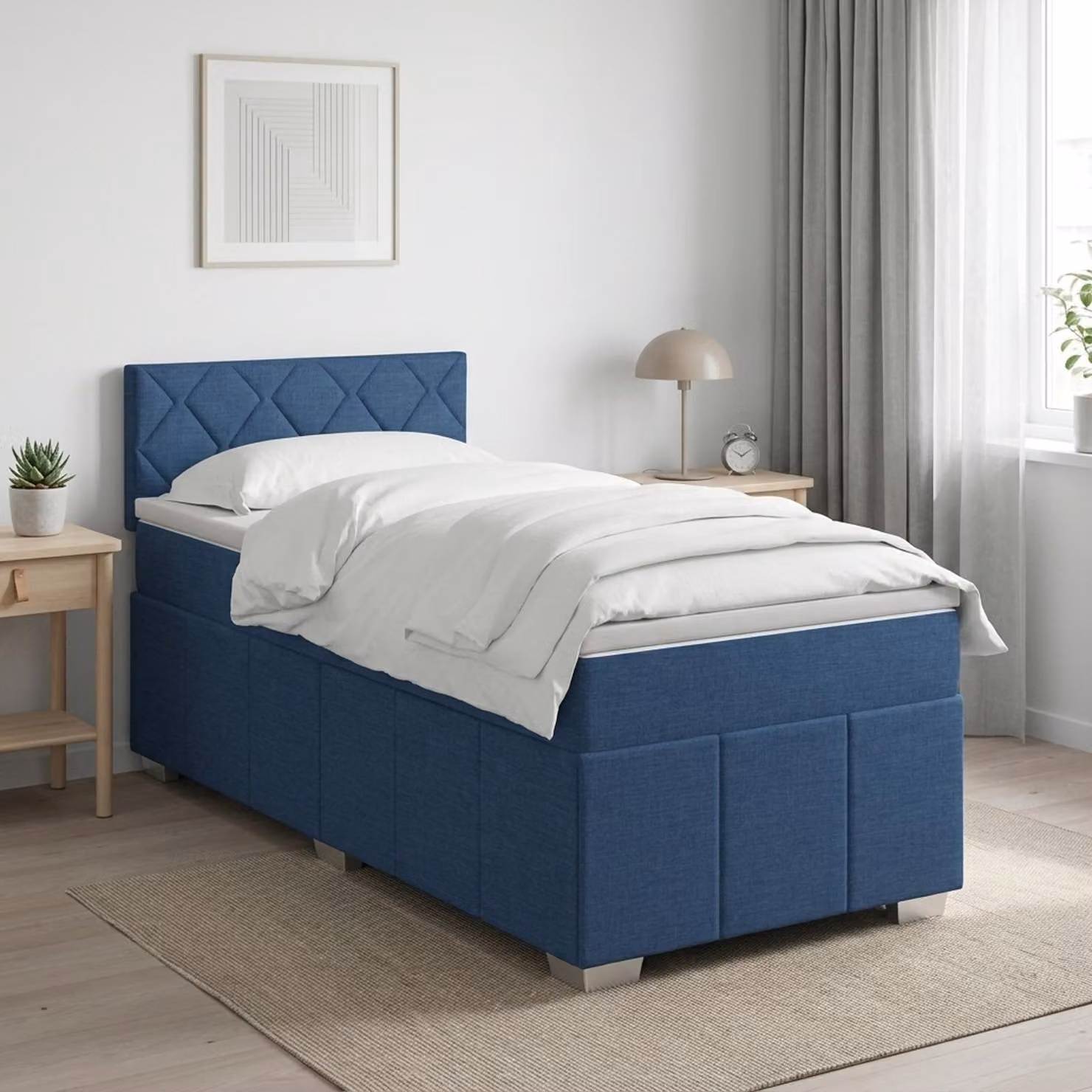 Letto box spring con materasso vidaXL in tessuto blu e bianco, con molle a tasche, L 200 x L 90 cm