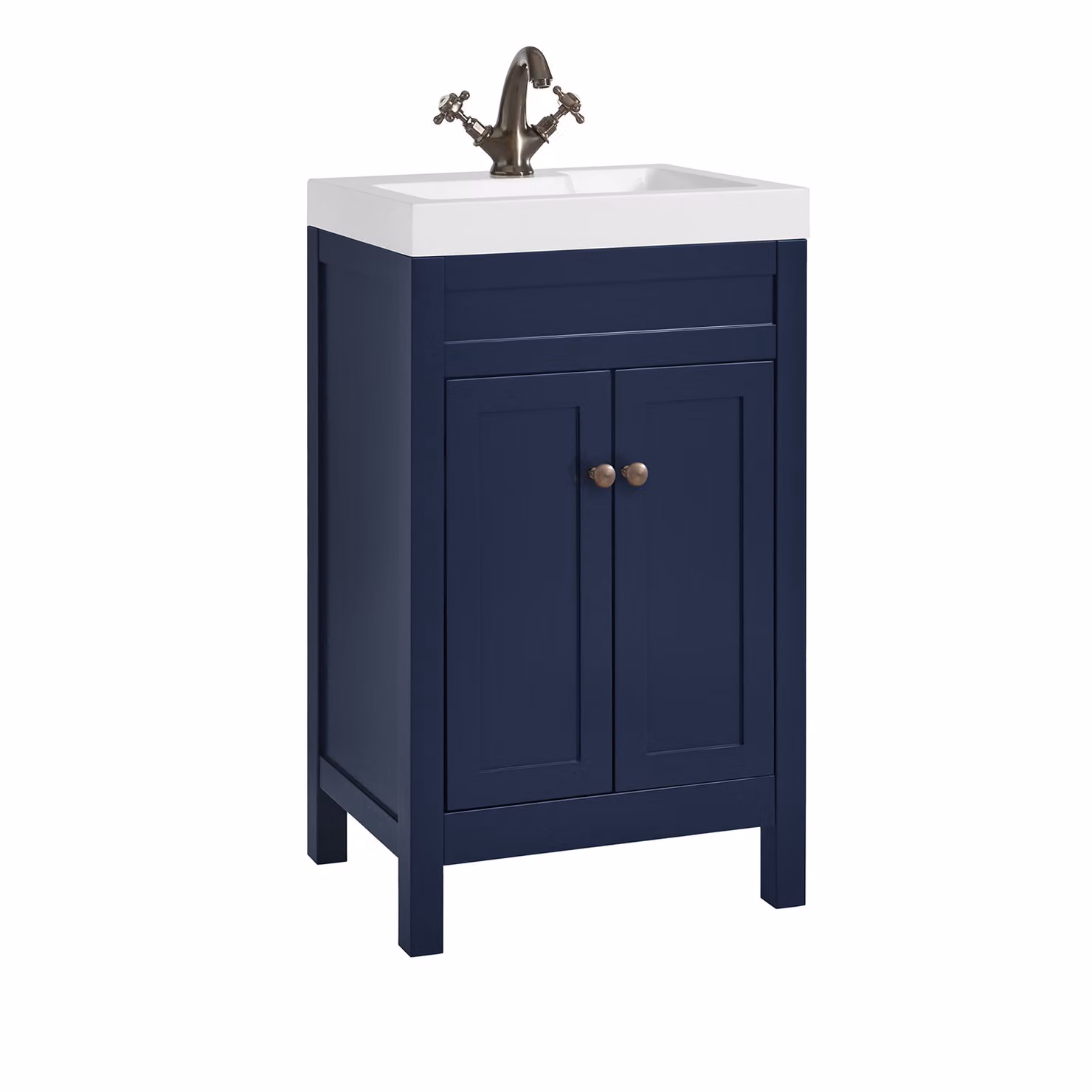 Mobile Bagno Blu Marino da 500mm con Lavabo e  Maniglia Classica Rotonda in Bronzo Spazzolato - Warwick