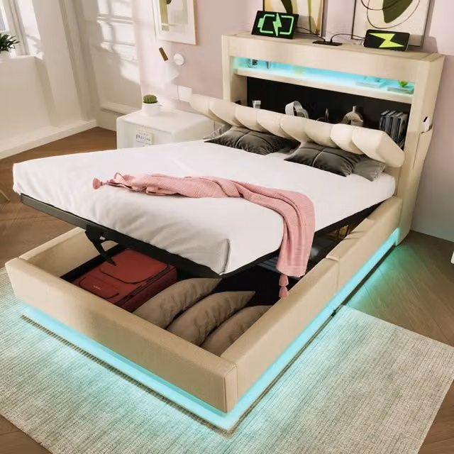 Letto contenitore singolo 90x200 cm con LED; porte USB e USB-C; beige