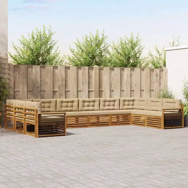 Set di divani da giardino vidaXL in legno di acacia massello con cuscini beige e naturale, design moderno a L – 1