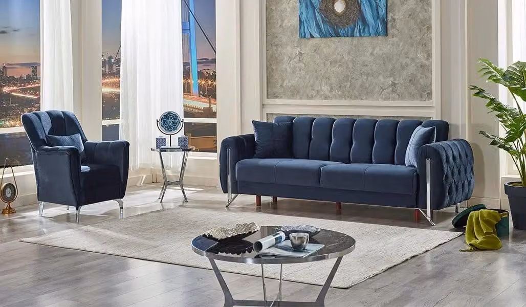 Polster Sofagarnitur 2tlg Luxus Komplett Polstermöbel 3+1 Blau Textil