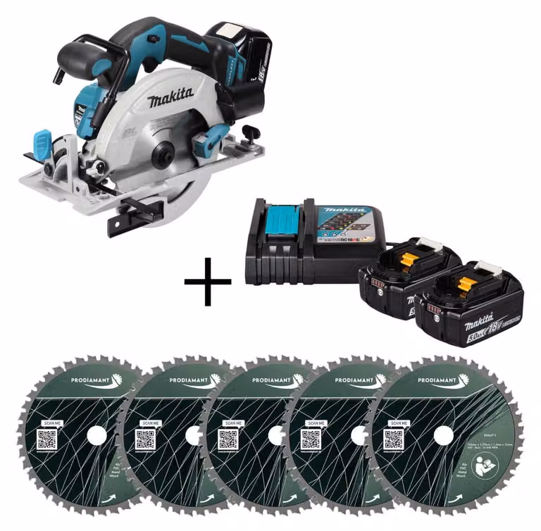 Set completo di sega circolare a batteria Makita da 18V, modello DHS680, con 2 batterie da 5,0 Ah, caricabatterie e