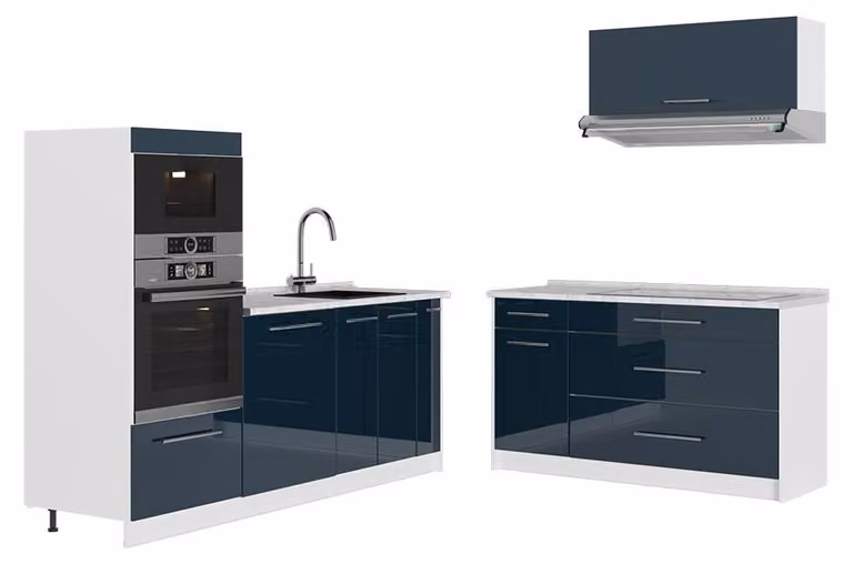 Cucina Vicco Fame-Line Blu scuro lucido/Bianco 340 cm, PL Marmo, Model 63936