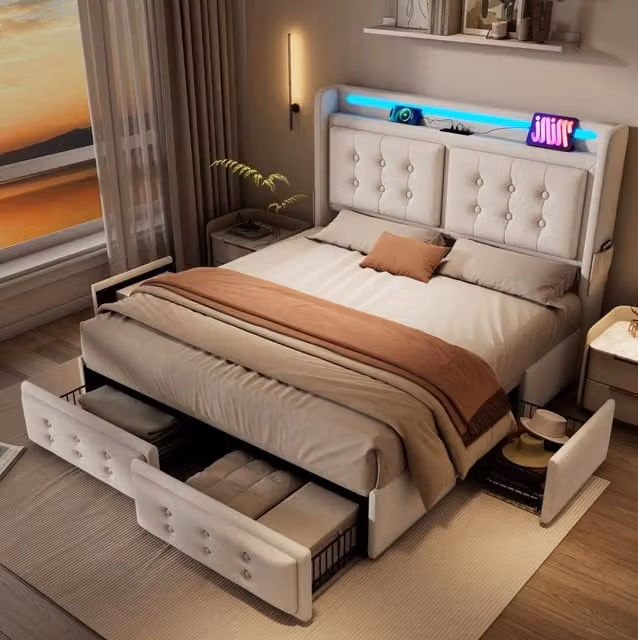Letto imbottito 160x200 cm con testiera LED, 4 cassetti e ricarica USB-C, struttura in legno e metallo beige