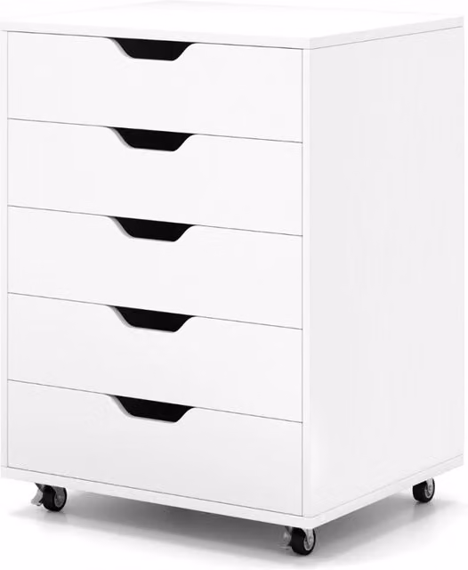 Cassettiera con 5 cassetti in legno con ruote bloccabili per ufficio e casa, colore bianco opaco