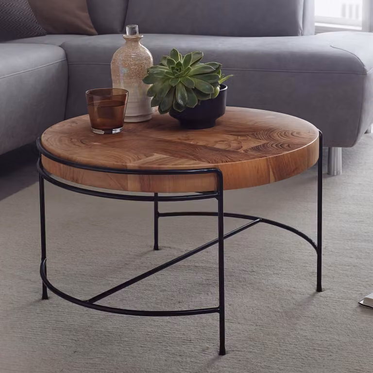 FineBuy Tavolino da caffè rotondo in legno massiccio di acacia da 62 cm con struttura in metallo - Tavolo da soggiorno con design a fette di albero - Realizzato a mano - Look industriale e naturale