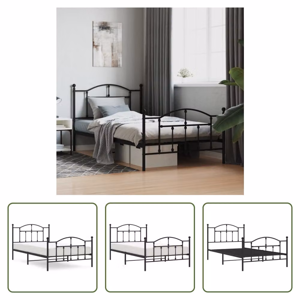 The Living Store Struttura letto con testiera e pediera in metallo nero 100x200 cm
