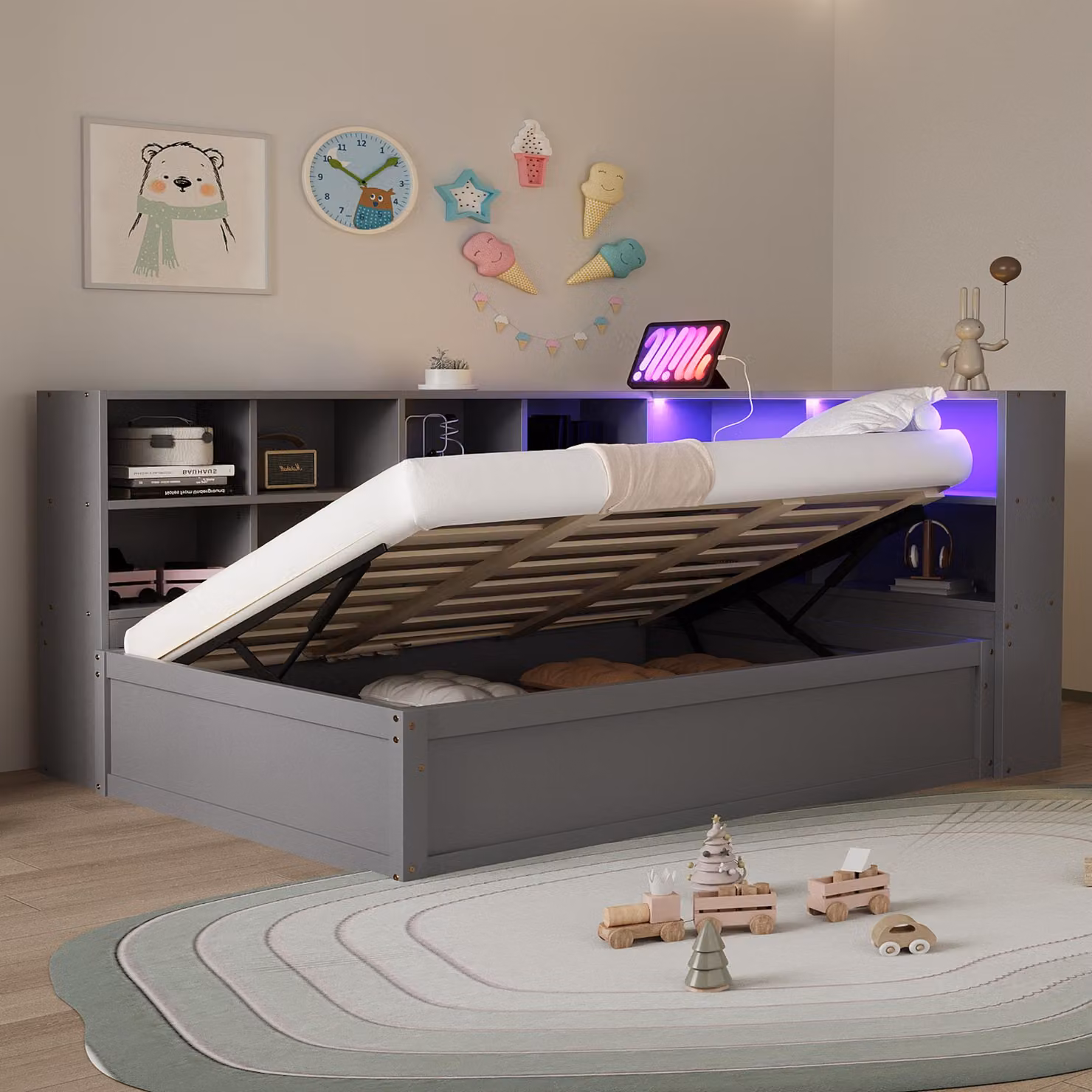 Divano letto STILVORA 90x200 con presa USB e porta TYPE-C, divano letto da giorno con contenitori e illuminazione LED, letto singolo con meccanismo a sollevamento idraulico, ideale per ospiti, bambini o adolescenti, colore grigio (senza materasso)