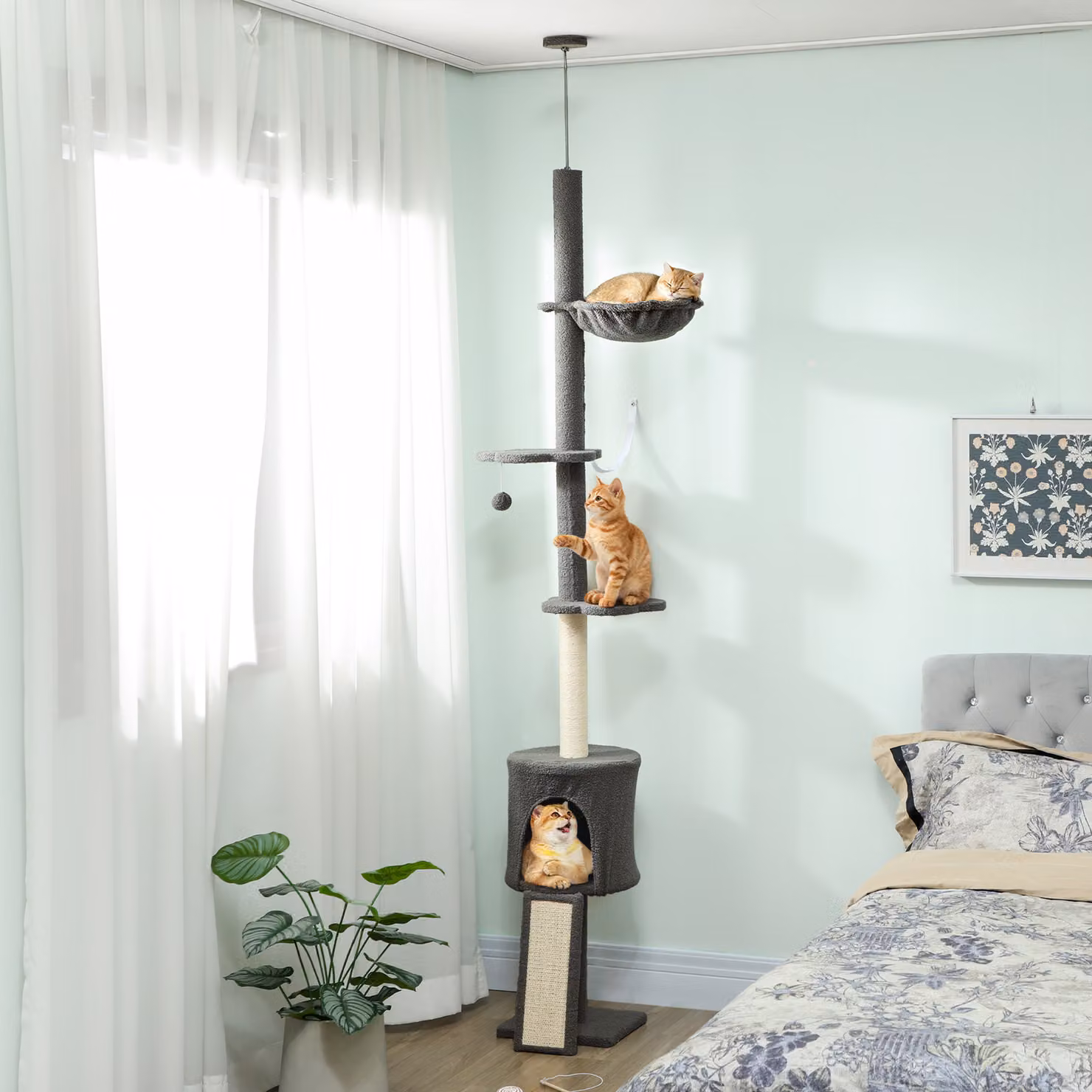 Albero per gatti PawHut a soffitto alto con amaca, casetta, piattaforme e pali in sisal, Grigio, Altezza: 220-240 cm – 2