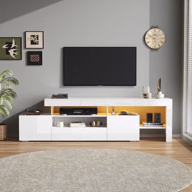 Mobile TV 192x37x53 cm con LED, 3 ante, bianco lucido. Mobiletto basso per TV fino a 85 pollici