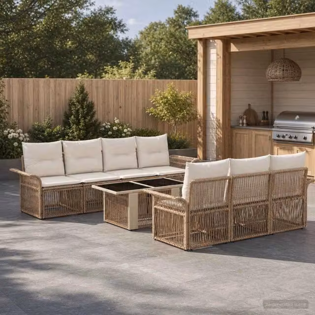 Set Divano da Giardino a L con Polyrattan e Cuscini vidaXL, 8 Pezzi, Beige e Bianco – 1