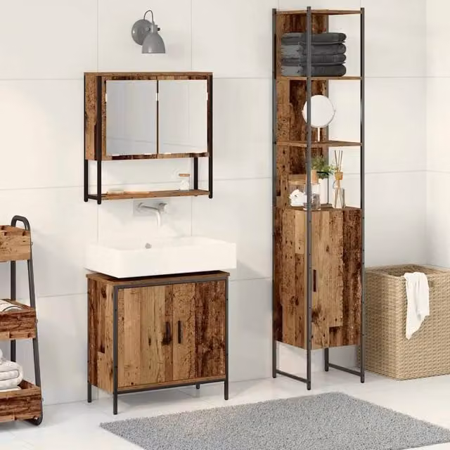 Set di mobili da bagno moderno vidaXL composto da mobile lavabo, armadietto con specchio e mobile laterale in legno marrone e nero