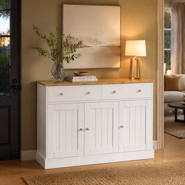 Credenza bianca e legno con tre ante e due cassetti, struttura in truciolato 120x36x80,5 cm