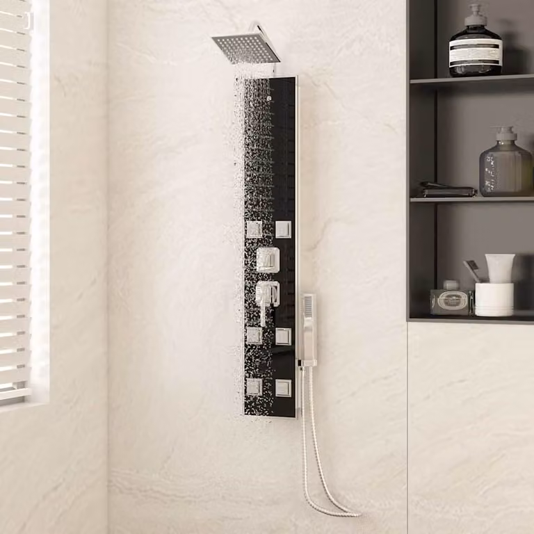 Pannello Doccia Singolo Fisso vidaXL in Vetro Trasparente e Acciaio Inox, Colore Nero, L 45,5 x P 6,0 x H 130 cm