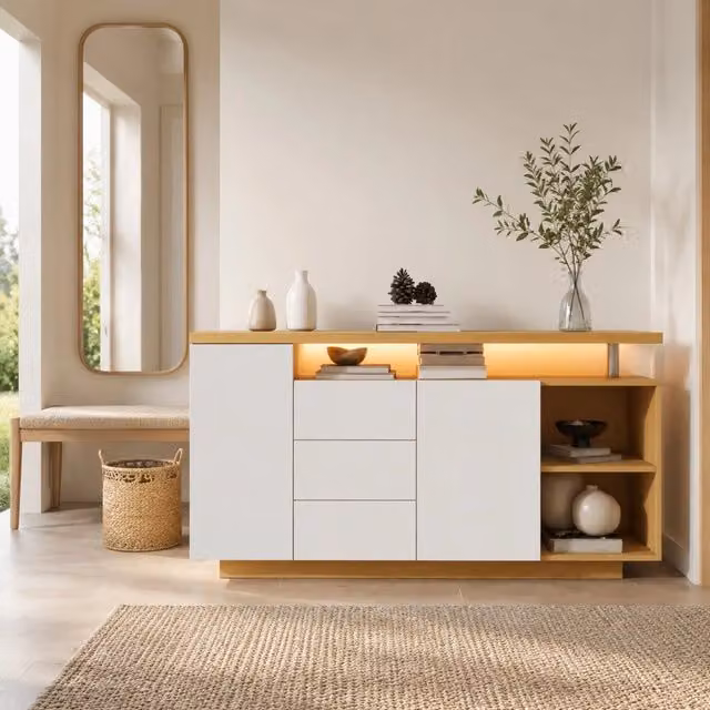Madia 140 cm con LED; 2 ante; 3 cassetti e 2 vani aperti; bianco e rovere chiaro