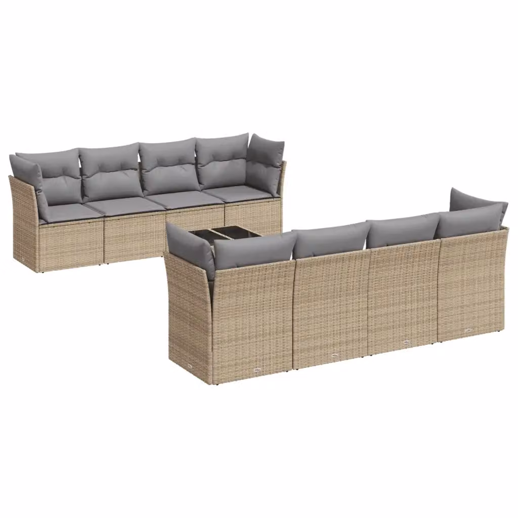 vidaXL Set Divano da Giardino a L 9 pz con Tavolino in Vetro e Cuscini Beige e Grigio – 2