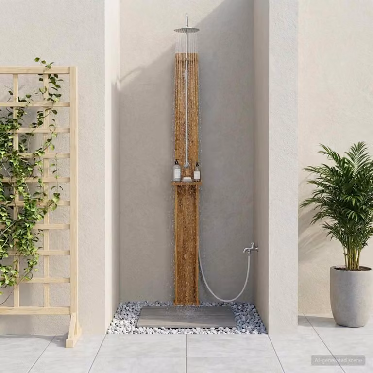 Doccia esterna, altezza 257 cm, realizzata in legno di acacia e acciaio inossidabile