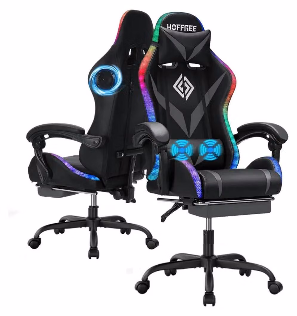 Sedia da gaming - Sedia da ufficio ergonomica - Capacità di carico: 204 kg - Rivestimento in ecopelle - Altoparlanti e illuminazione LED - Poggiapiedi - Grigia