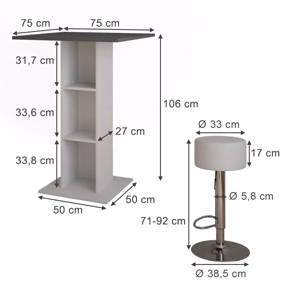 Set tavolo bar Repose con 2 sgabelli Vicco, colore antracite e bianco, L/P: 75 x 75 cm – 2