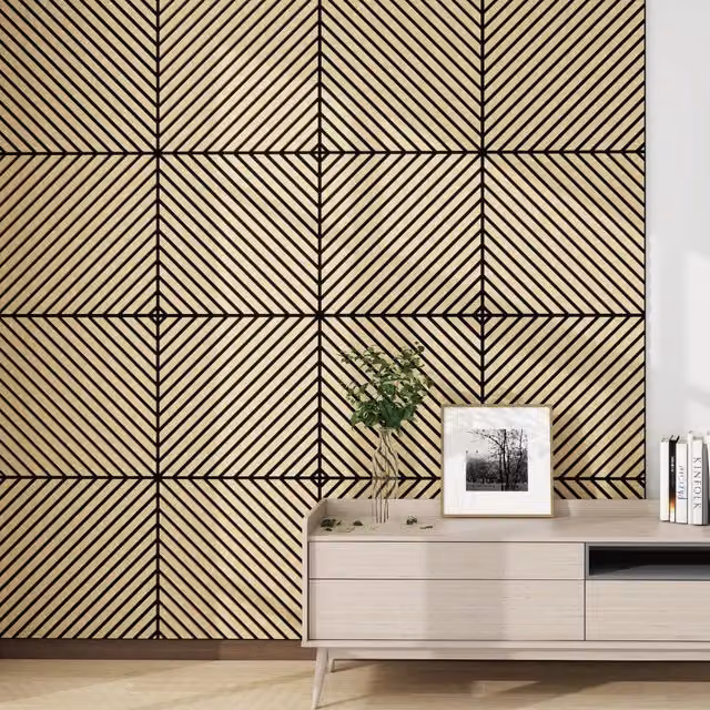 Set di 16 pannelli murali 3D fonoassorbenti NEU.HOLZ con listelli diagonali effetto legno, colore beige e marrone, copertura 5,76 m², dimensioni singolo pannello: 60 x 60 cm