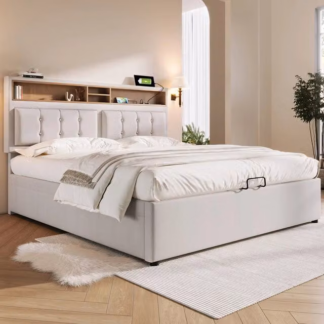 Letto imbottito matrimoniale contenitore con testiera ¨C Minimal ¨C tessuto lino 140x200 cm rete a doghe con porta USB