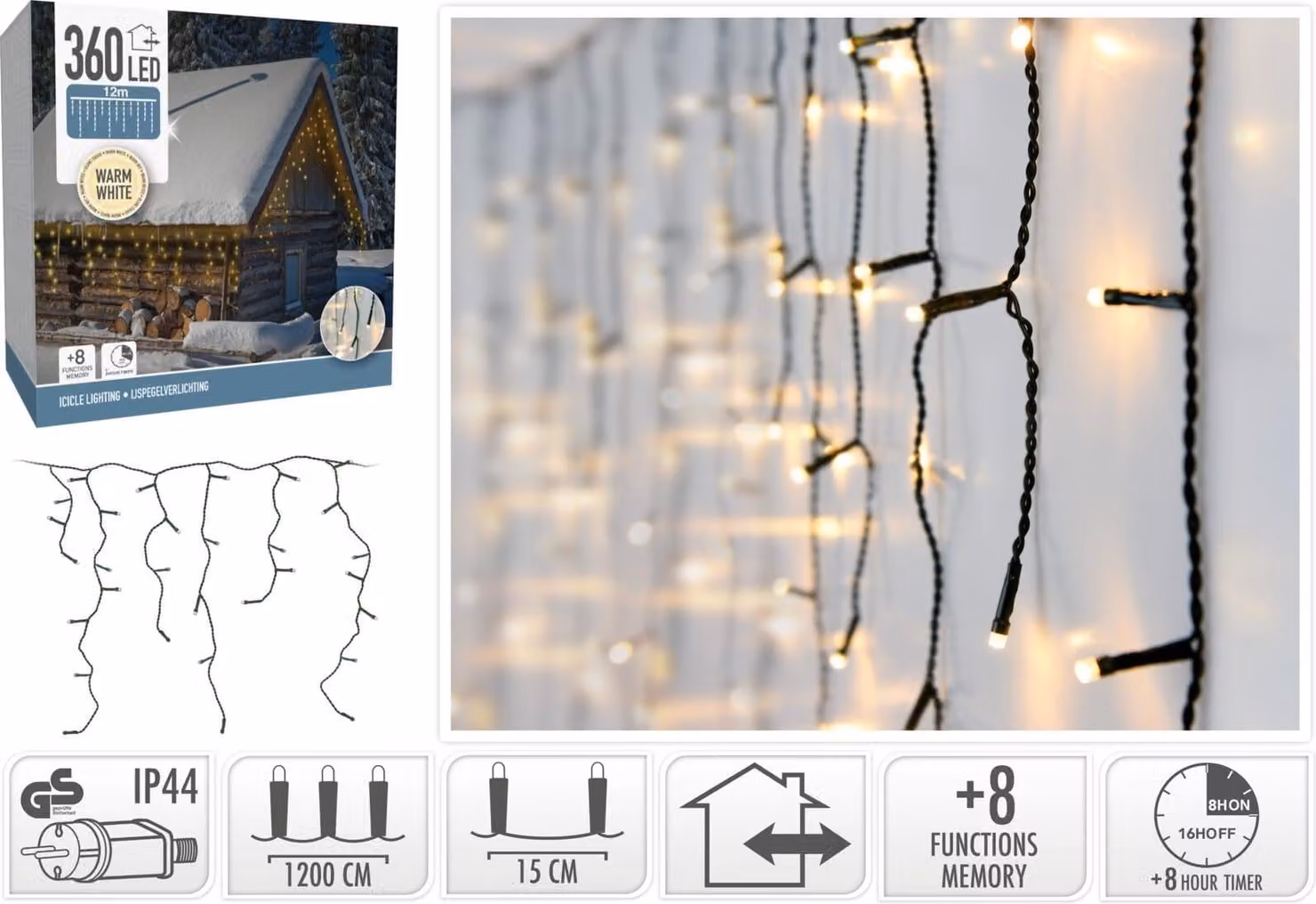 Barriera luminosa a LED bianco caldo, 360 LED, cavo verde, interno/esterno, 15 m