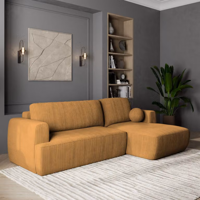 Divano angolare SENTI P R-S di Masseno con funzione letto a L, divano con box letto, divano da salotto, divano, divano, divano letto, set di divani - giallo, POSO 01