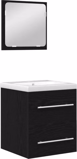 Set di mobili per il bagno componibile con mobile lavabo e specchio, design minimalista in legno e metallo, colore nero e rovere, L/P/H: 80 x 48 x 41 cm
