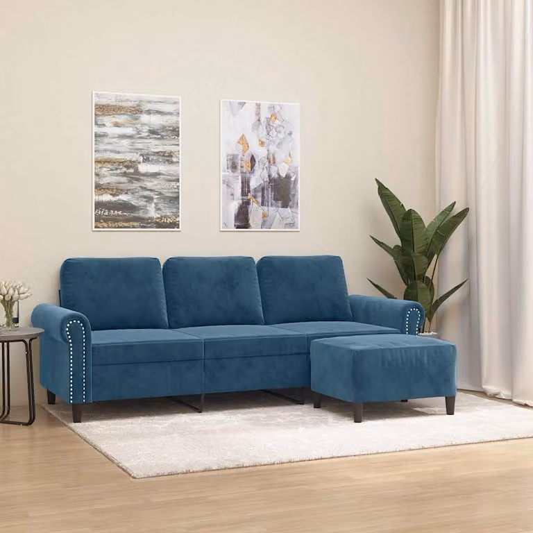 vidaXL Divano a 3 Posti in Velluto Blu con Poggiapiedi Coordinato per Soggiorno L: 212 cm, P: 80 cm, H: 77 cm