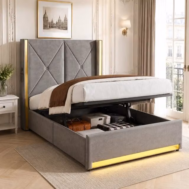 Letto Contenitore Imbottito con LED, USB e Idraulico ¨C MINIMAL ¨C Velluto, 90x200cm